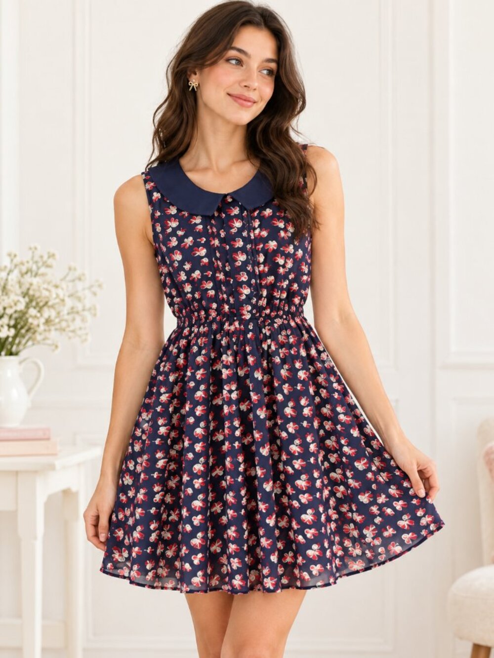 Forever 21 Bow Print Peter Pan Collar Dress Size S Coquette Preppy